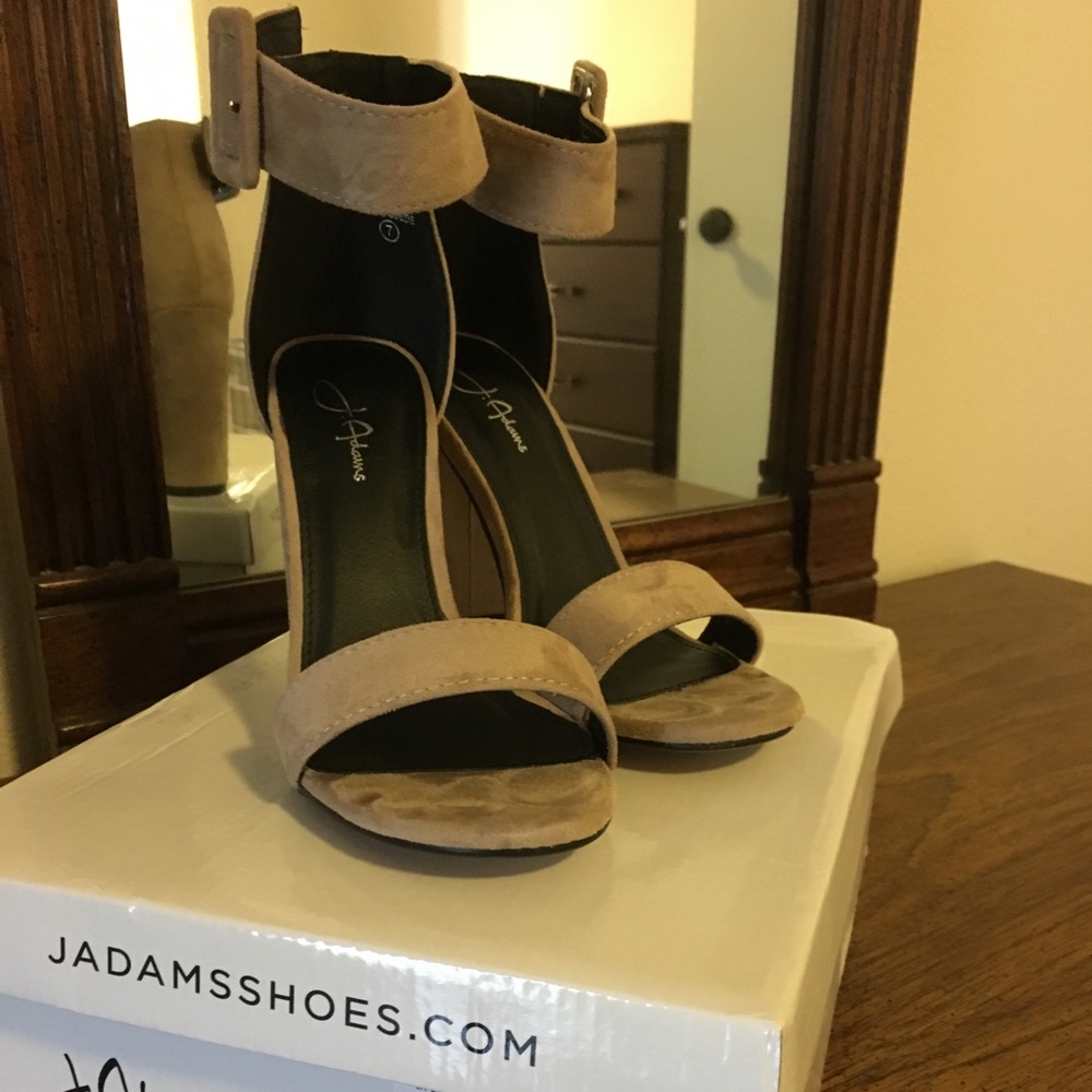 Open toe tan suede ankle strap heels